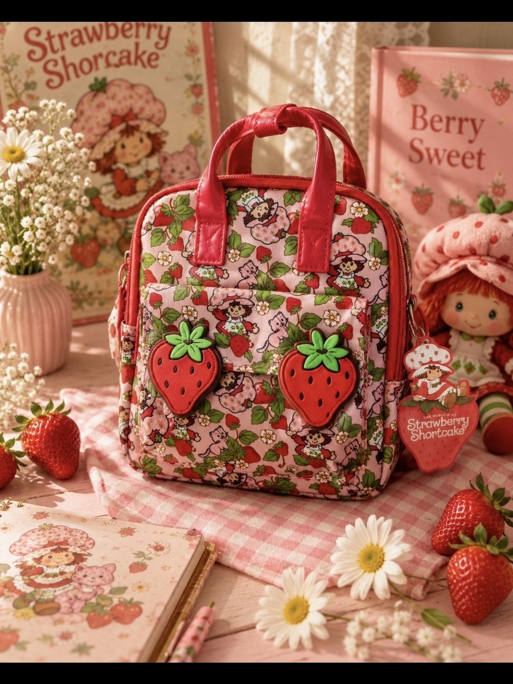 Strawberry Shortcake Mini Backpack Pink Strawberry Print Kawaii Y2K Cottagecore